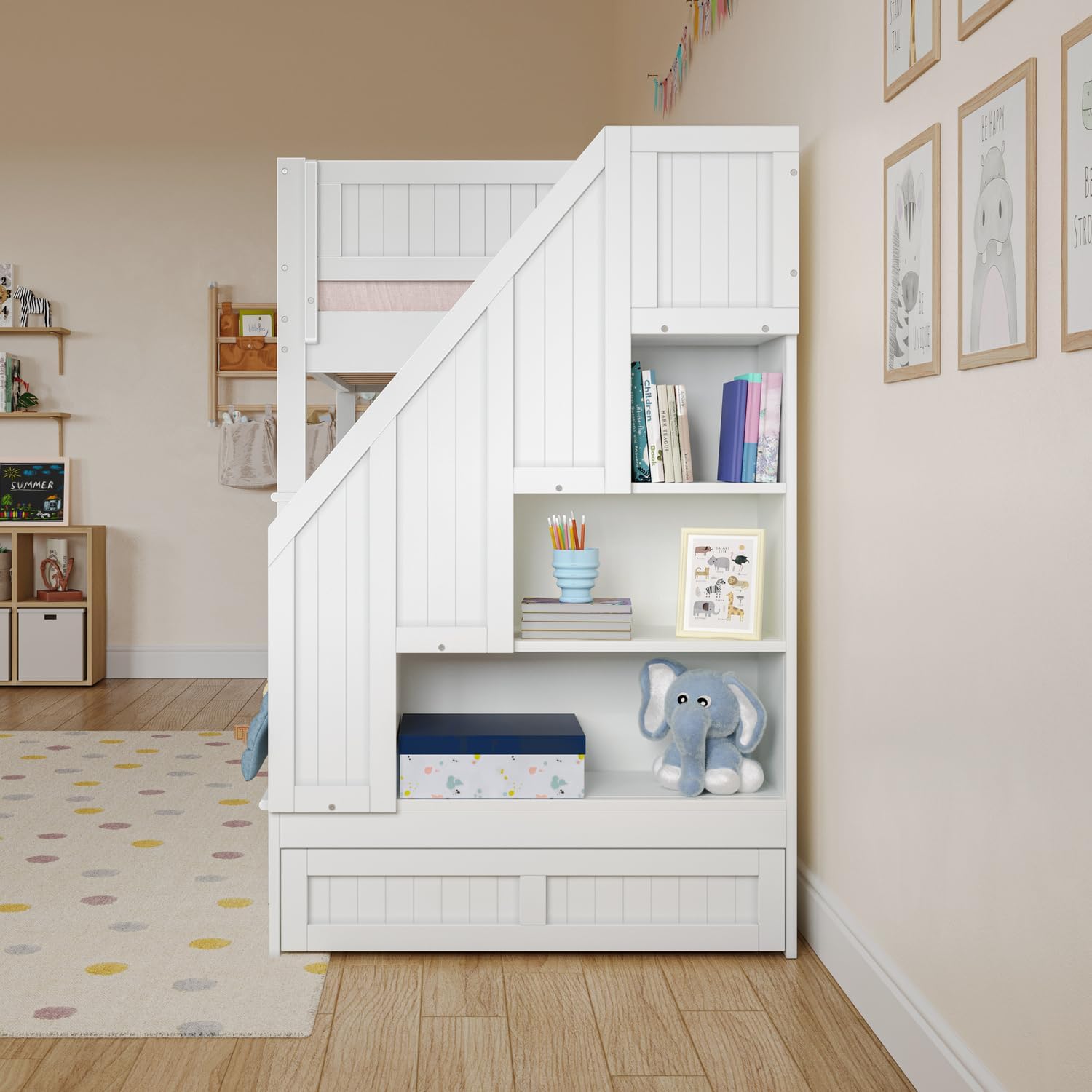 HomeStock Staircase Bunk Bed with Twin Trundle & Storage Drawer White/Twin Over Twin