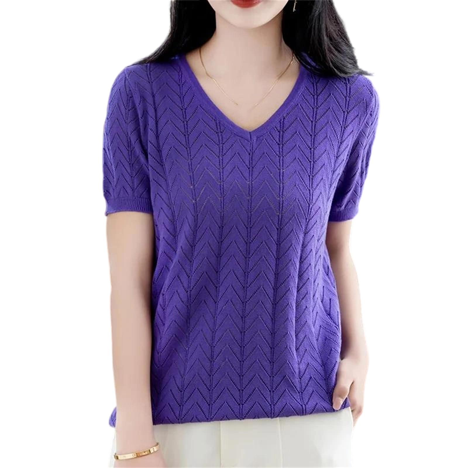 T-shirt uni à col en V et manches courtes pour femme - En coton - Coupe ample - Tendance - Pour l'été