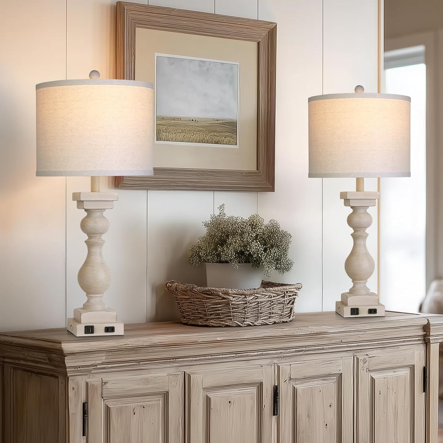 28" Tall Farmhouse Table Lamps Set of 2 with USB A+C Ports and AC Outlet, 3 Way Touch Rustic Bedside Lamps for Living Room, Beige Vintage Lamps for Bedroom