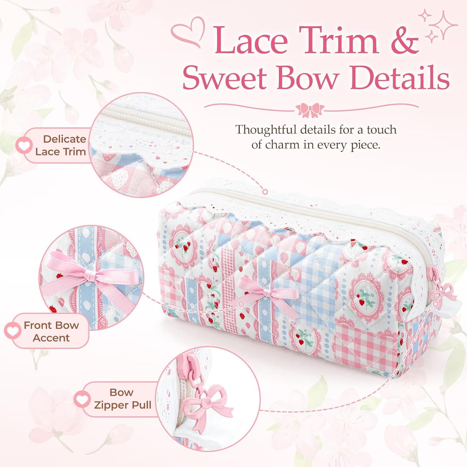 Quilted Pencil Pouch for Women, Cute Floral Pencil Case with Lace Bow, Slim Aesthetic Pencil Bag for Daily Supplies, Makeup, Office, Travel (Strawberry Patchwork, M)
