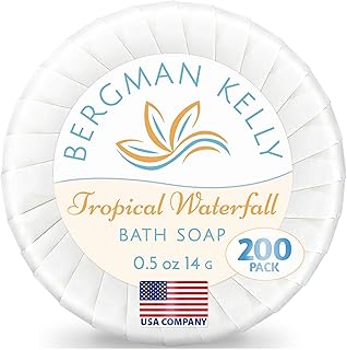 BERGMAN KELLY - Hotel Soap Bars in Bulk - Tropical Waterfall, 0.5 oz, 200 PK - Small Individually Wrapped Round Soap - Travel Size Mini Toiletries for Airbnb, Motel, Guest Bathroom