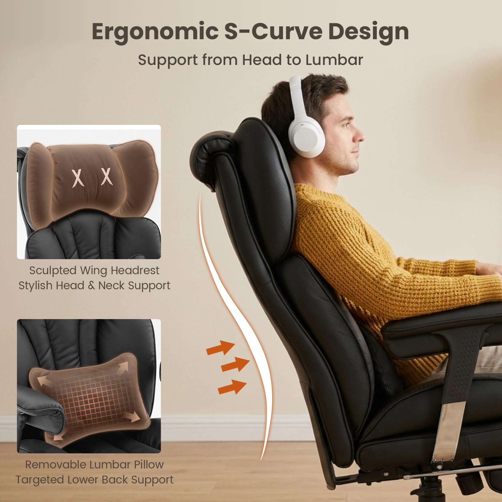 Efomao Silla de Oficina Grande, Silla de Escritorio de Piel PU con Bordado en X, Respaldo Alto Ajustable, Reposapiés, Soporte Lumbar, Silla Ejecutiva Ergonómica 200 kg