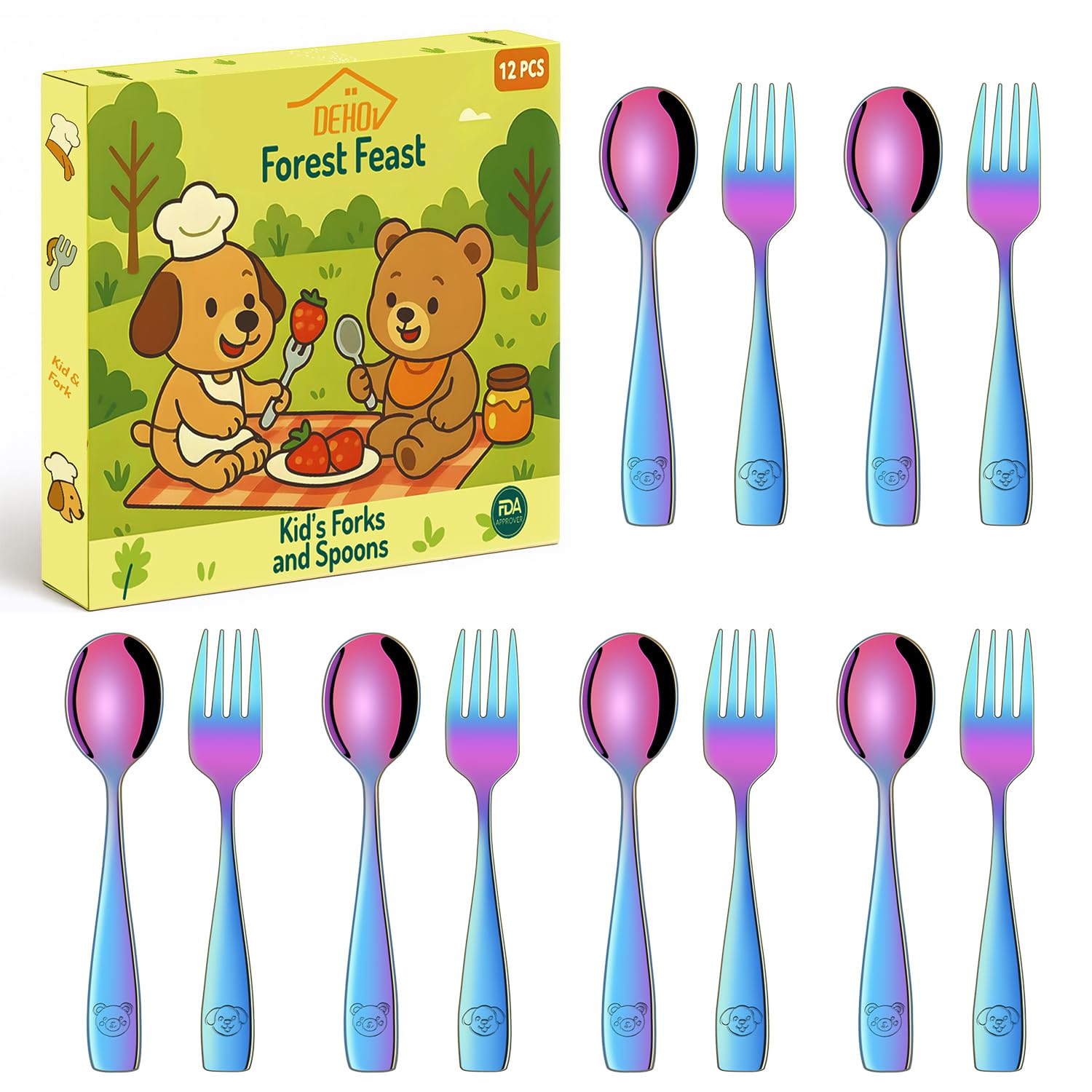DEHOV Rainbow Toddler Eating Utensils Set,Set Of 12 Food Grade Stainless Steel Silverware Sets For Kids,Dishwasher Safe Children Small Metal Spoons And Forks Flatware Sets