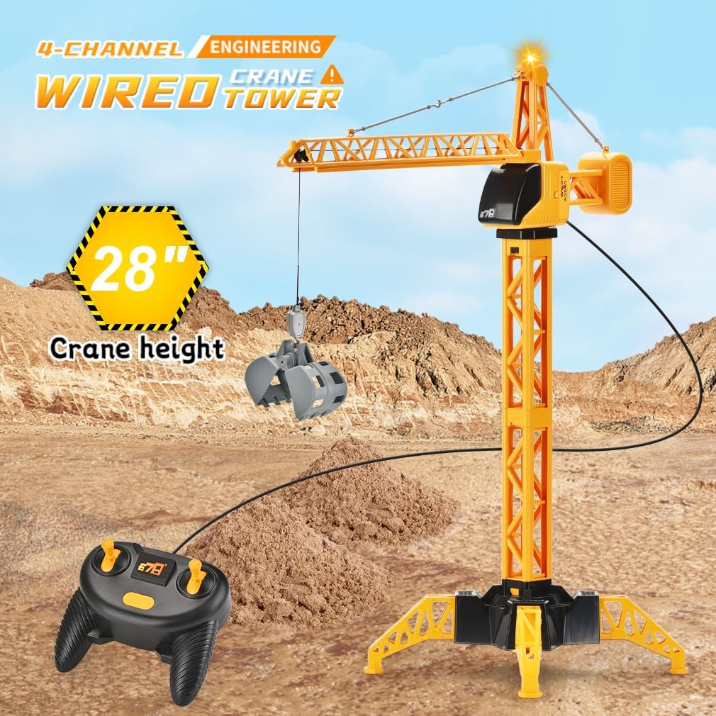 28-Inch RC Construction Tower Crane Toy for Kids, 4 Channel Remote Control Crane Toy with LED Light, Grabber, Log, Lifting Basket, 360° swivel, STEM Educational Learning Toys for Boys Ages 3 and Up