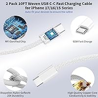 Vista 5 de Bloque de cargador USB C, cargador de pared dinámico de 40 W con 60 W máximo, paquete de 2 enchufes plegables tipo C rápido con cable de carga USB C