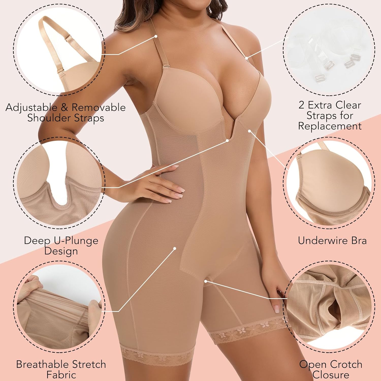 SHAPERIN Women's Backless Shapewear Tummy Control Body Shaper Bra Faja U Plunge Low Back Mid Thigh Bodysuit - Image 3