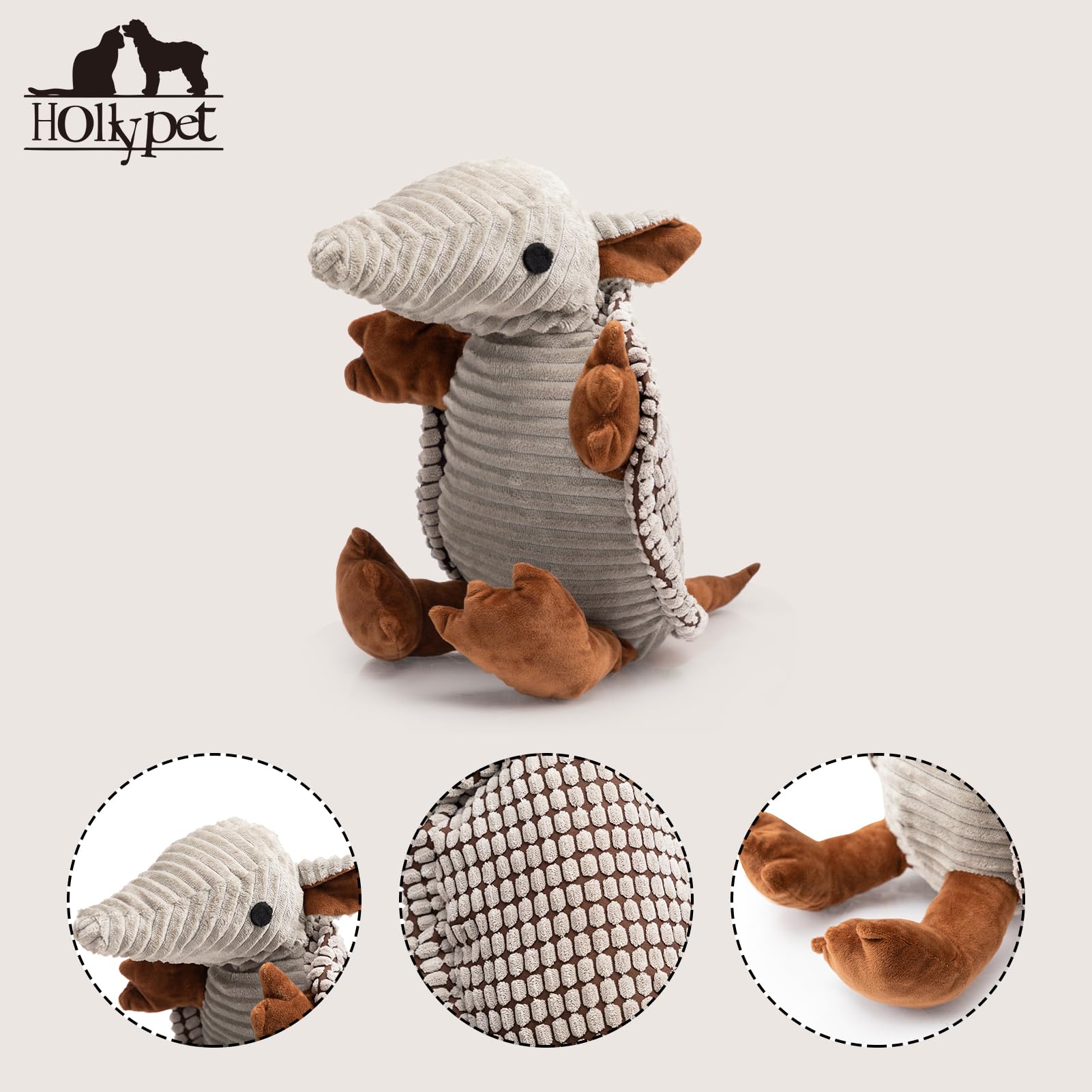 Hollypet Quietschendes Plüsch-Spielzeug für Hunde, Armadillo-Plüschtier, Kauspielzeug für Welpen und Hunde aller Größen (klein, mittel, groß) Grau, 25 cm