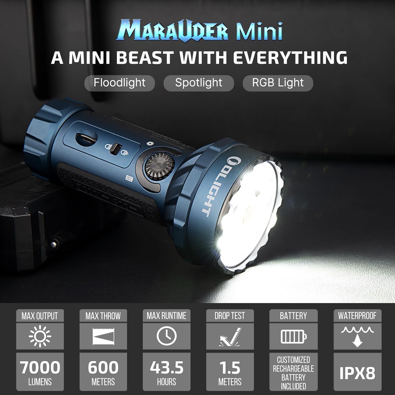 OLIGHT Marauder Mini 7,000 Lumens Bright Flashlight with 600 Meters Beam Distance, Powerful RGB Lights, Magnetic Rechargeable for Outdoors Work, Hunting, and Searching(Midnight Blue) - Image 2