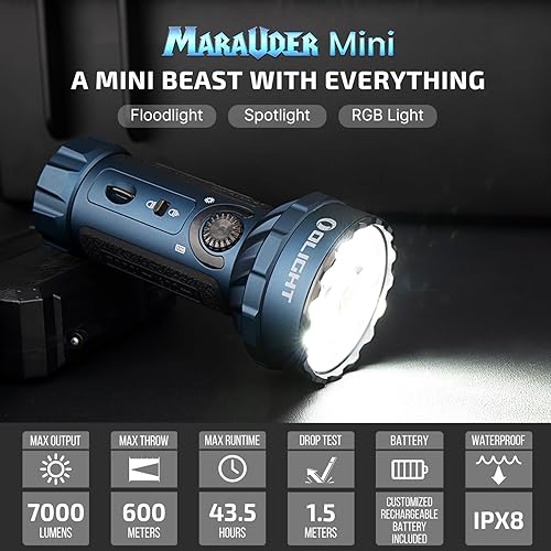 Miniatura 2 de OLIGHT Marauder - Mini linterna brillante de 7,000 lúmenes, distancia de haz de 1968.5 pies, potente linterna RGB, magnética, recargable, para