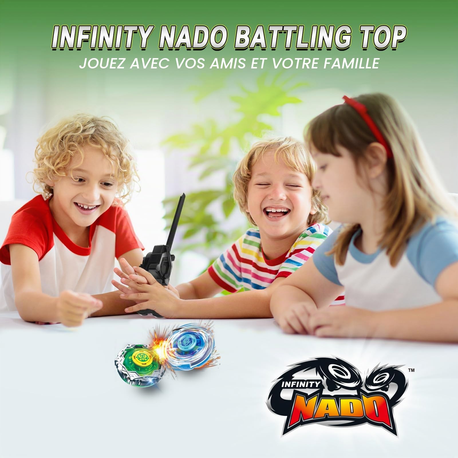 INFINITY NADO S7 Toupie 2PCS avec 2 Rack lanceurs, Toupie en Métal Type Balance/Endurance Rotation Droite, Jouet pour Enfant garçons Filles 5+, Bleu & Vert