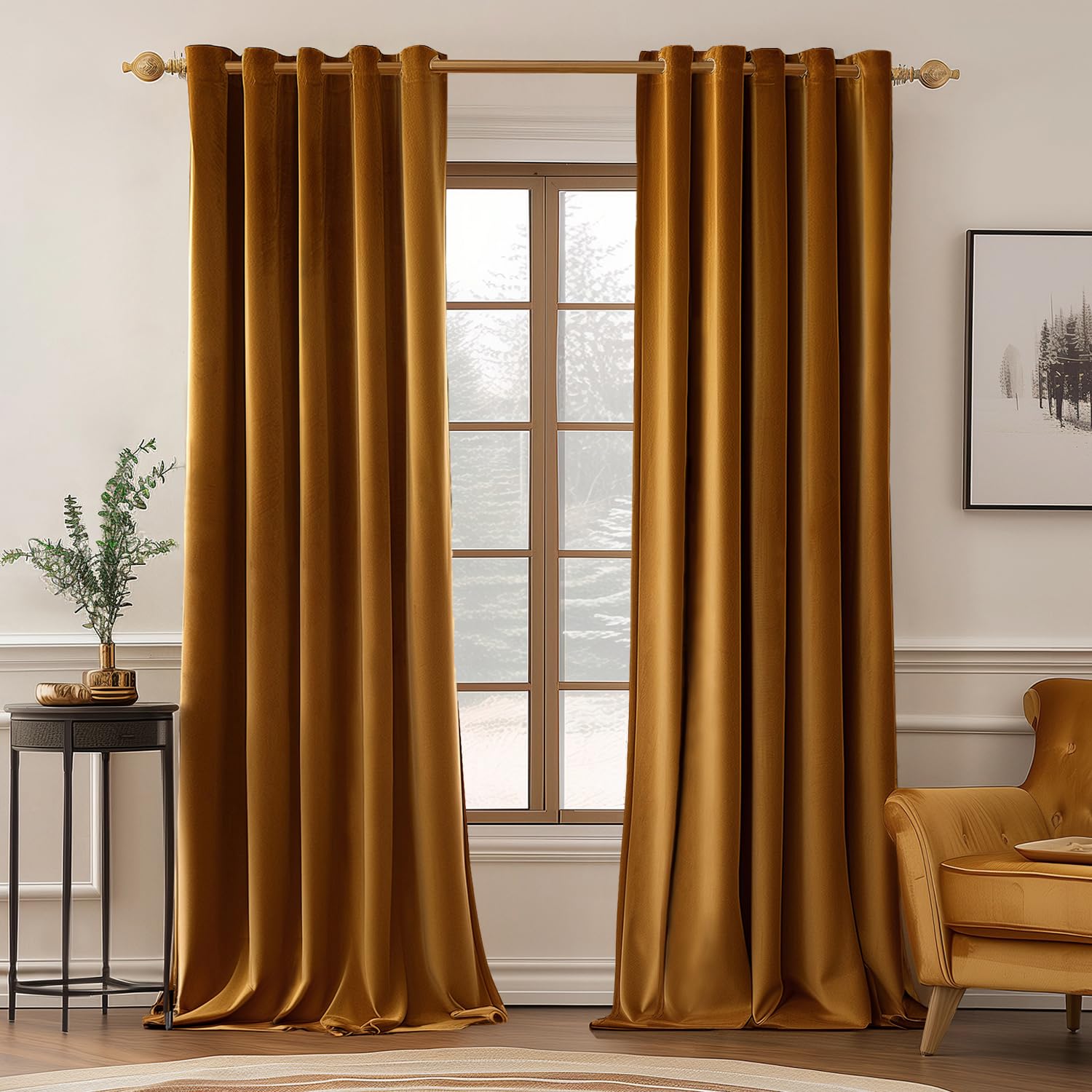 MIULEE Velvet Curtains Golden Brown Elegant Grommet Thermal Insulated Soundproof Room Darkening Curtain/Drapes for Classical Living Room Bedroom Decor