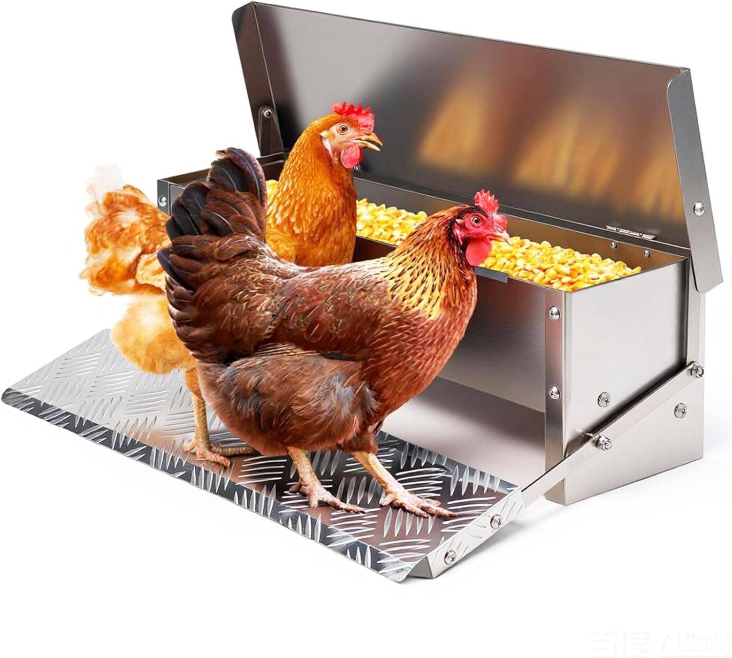 Chicken Feeder Rat Proof Automatic Treadle Feeder No Waste,Stainless Steel Outdoor Chicken Food Dispesner for Polutry and Duck Bantams Pheasants,with Weatherproof Lid
