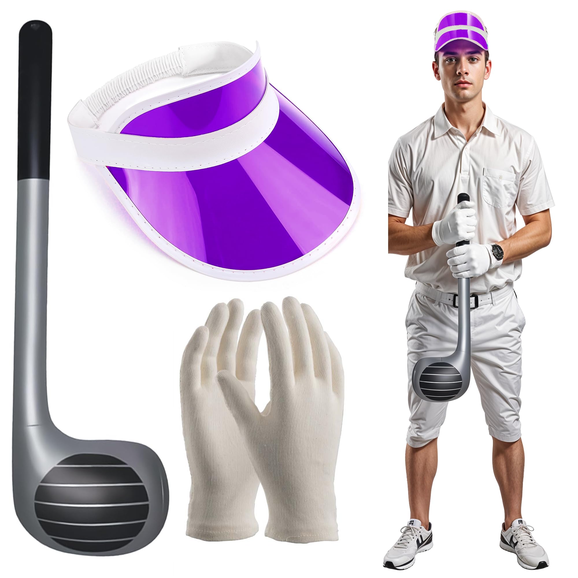 Angies Fashion Pub Golf Golfer Golfing Visor Hat Cap, Inflatable Club & Gloves Fancy Dress Hen Stag Night (Purple)