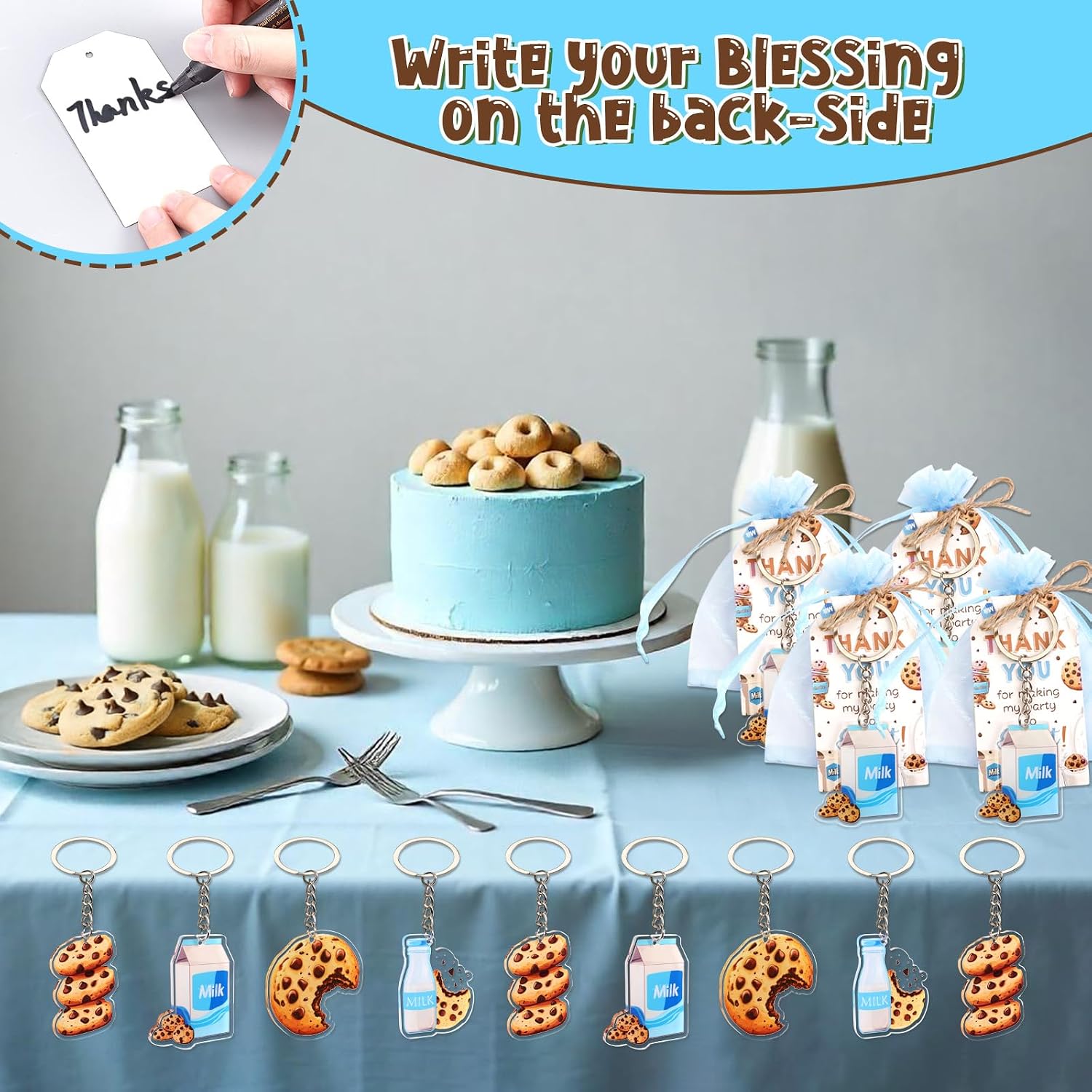 Serencatcher Milk and Cookie Party Favors - 24 Sets Cookie Theme Keychains(4 Designs), Thank You for Making My Party So Sweet Tags Organza Bags with String for Birthday Baby Shower Decorations Gifts