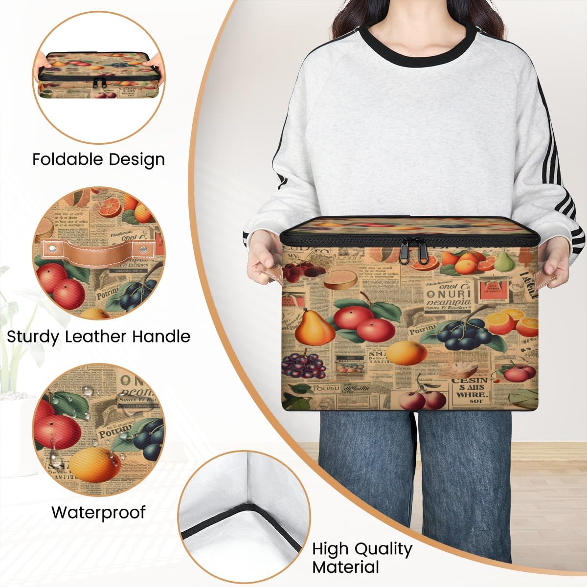 Storage Bin Set of 2 Newspaper Fruits Storage Basket with Zipper Lid & Handle Foldable Closet Shelf 2 Pack Cloth Organizer Basket Cube Bins Clothes Organizer for Bedroom, Nursery