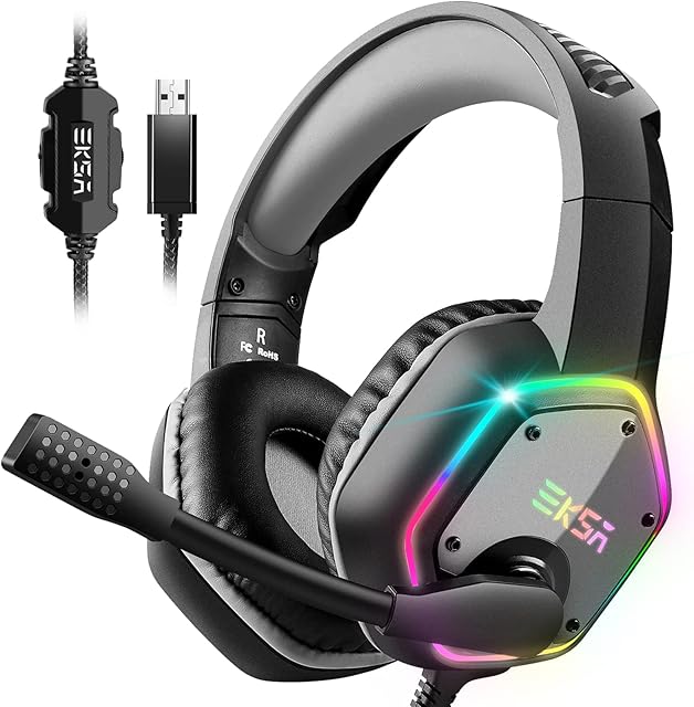 EKSA E1000 USB Gaming Headset for PC - Computer Headphones with Microphone/Mic Noise Cancelling, 7.1 Surround Sound Wired Headset & RGB Light - Gaming Headphones for PS4/PS5 Console Laptop