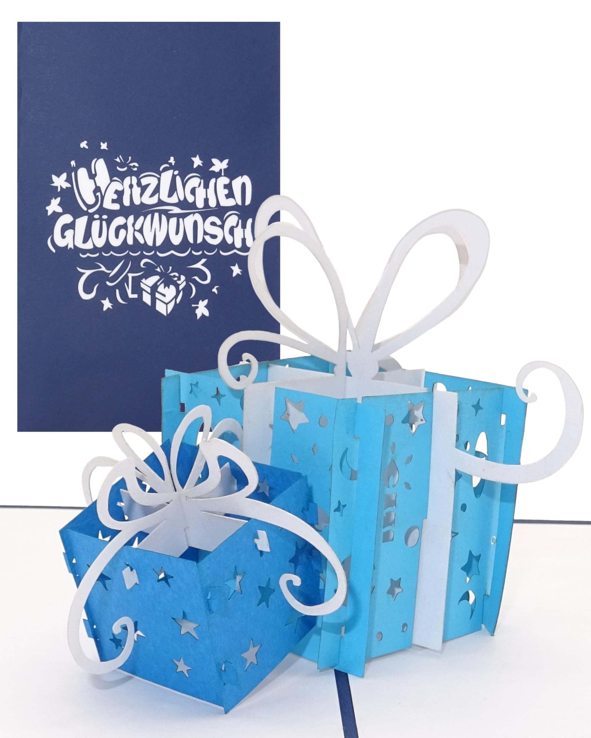 10er Set 3D Geburtstagskarte Geschenke - Blau & Weiß - Pop Up Karte zum Geburtstag, Namenstag und zur Geburt