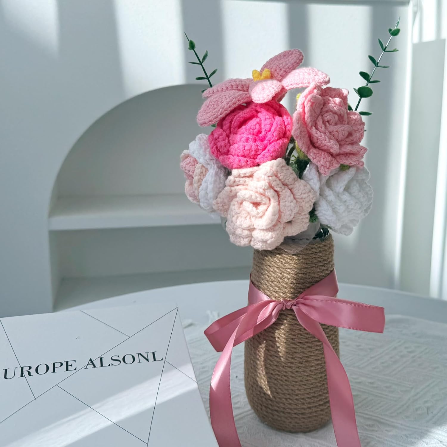 QaingNe Handmade Crochet Flower Bouquet, Pink Roses Knitted Flower Bouquet, Crochet Roses Tulip Flowers for Valentine’s Day Teacher'Day Mother's Day Graduation Gifts (pink)