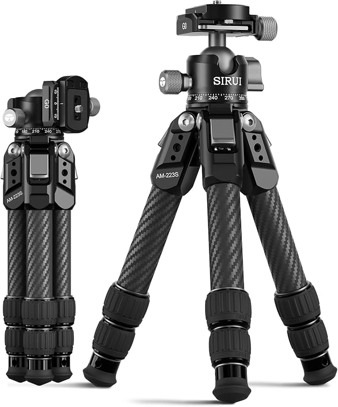 AM-223S+G0 Carbon Fiber Mini Tripod Kit, G0 Ball Head, 16.7" | 33LB Load, 360° Panoramic Ball Head, 1.7LB Weight, DSLR, Mirrorless Camera, Desktop, Travel, Compact