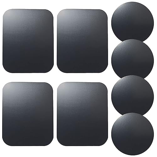 Replacement Metal Plates Set (8 Pack) for Magnetic Car Phone Holders, Wall, Air Vent Mounts, Cases, Magnets. Kit of 4 Black Round and 4 Rectangular Iron Discs Without Holes. 3M Adhesive Backing.