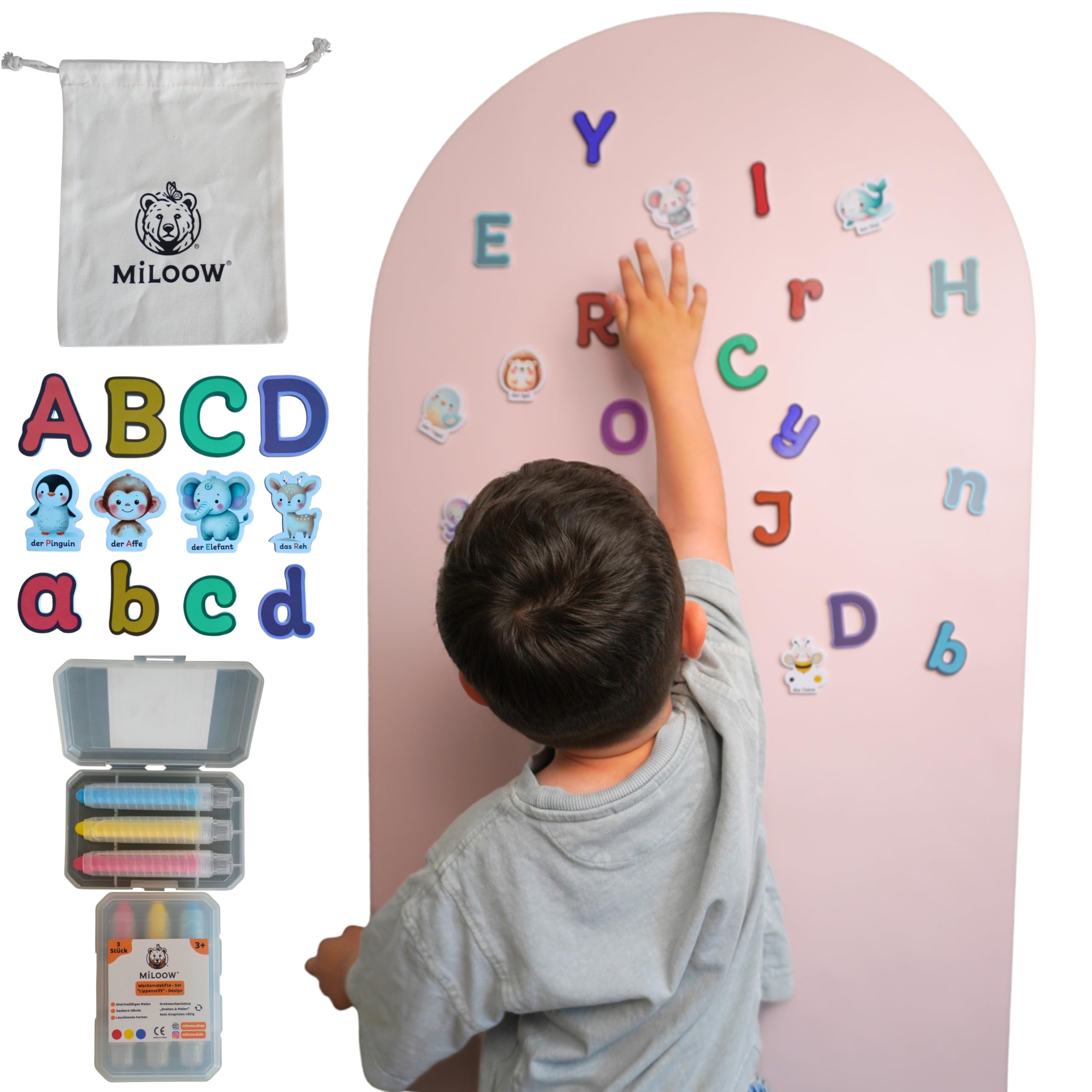 Magnettafel Kinder 100x60 – Deutsch beschriftete Tiermagnete, selbstklebende Magnetwand Kinder & Magnetfolie mit Buchstabenmagneten, Montessori Lernspielzeug für Kinderzimmer mit Stiften