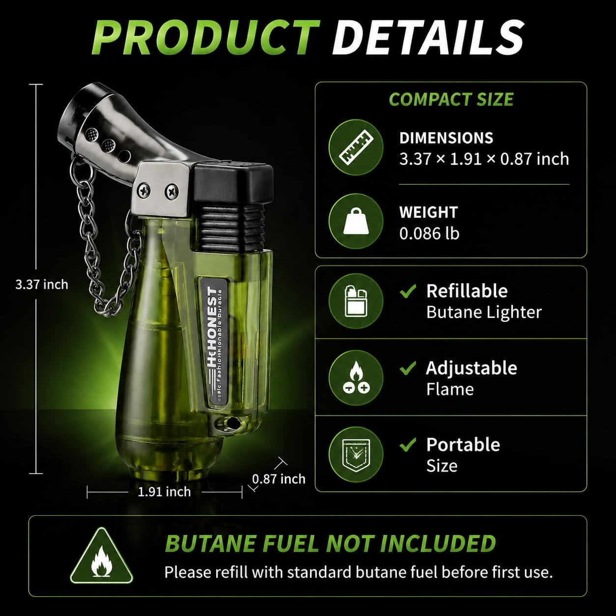 Torch Lighter, Refillable Butane Lighter with Blue Jet Flame, Windproof Pocket Lighter with Flip Cover, Transparent Fuel Tank, Adjustable Flame for BBQ Camping Outdoor Use (Butane Not Included) image 5
