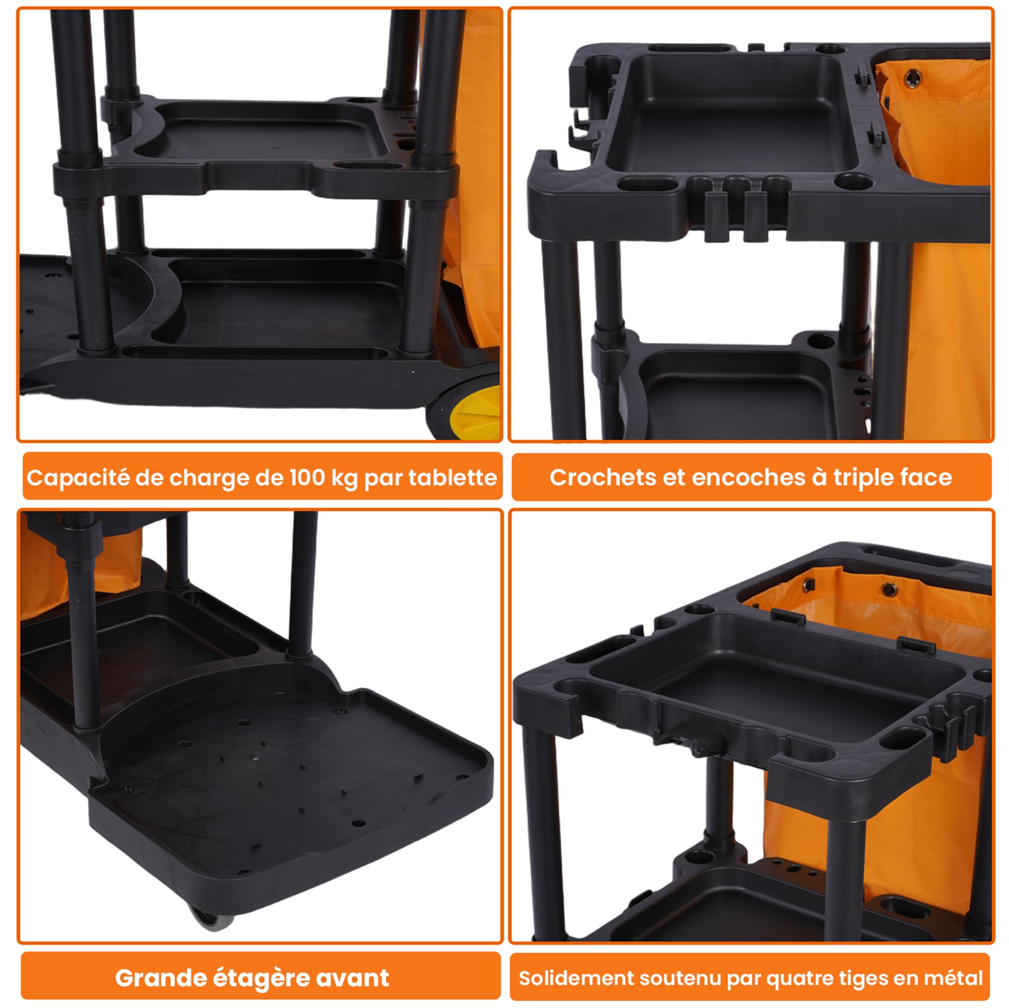 uyoyous Chariot de Ménage Professionnel 3 Niveaux, Chariot de Nettoyage 113 x 56 x 93 cm avec 65 L Sac Déplacement Outil D’Entretien Lavage pour Hôtel Bureau Noir