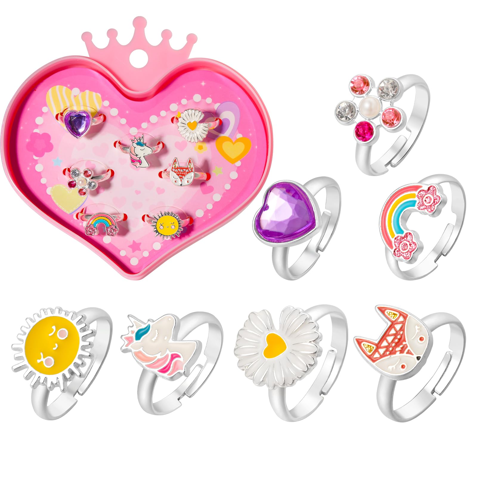 PinkSheep Little Girl Dress Up Rings Set, Adjustable, Unique Designs, Pretend Play Jewellery in Box (7pcs-Heart box)