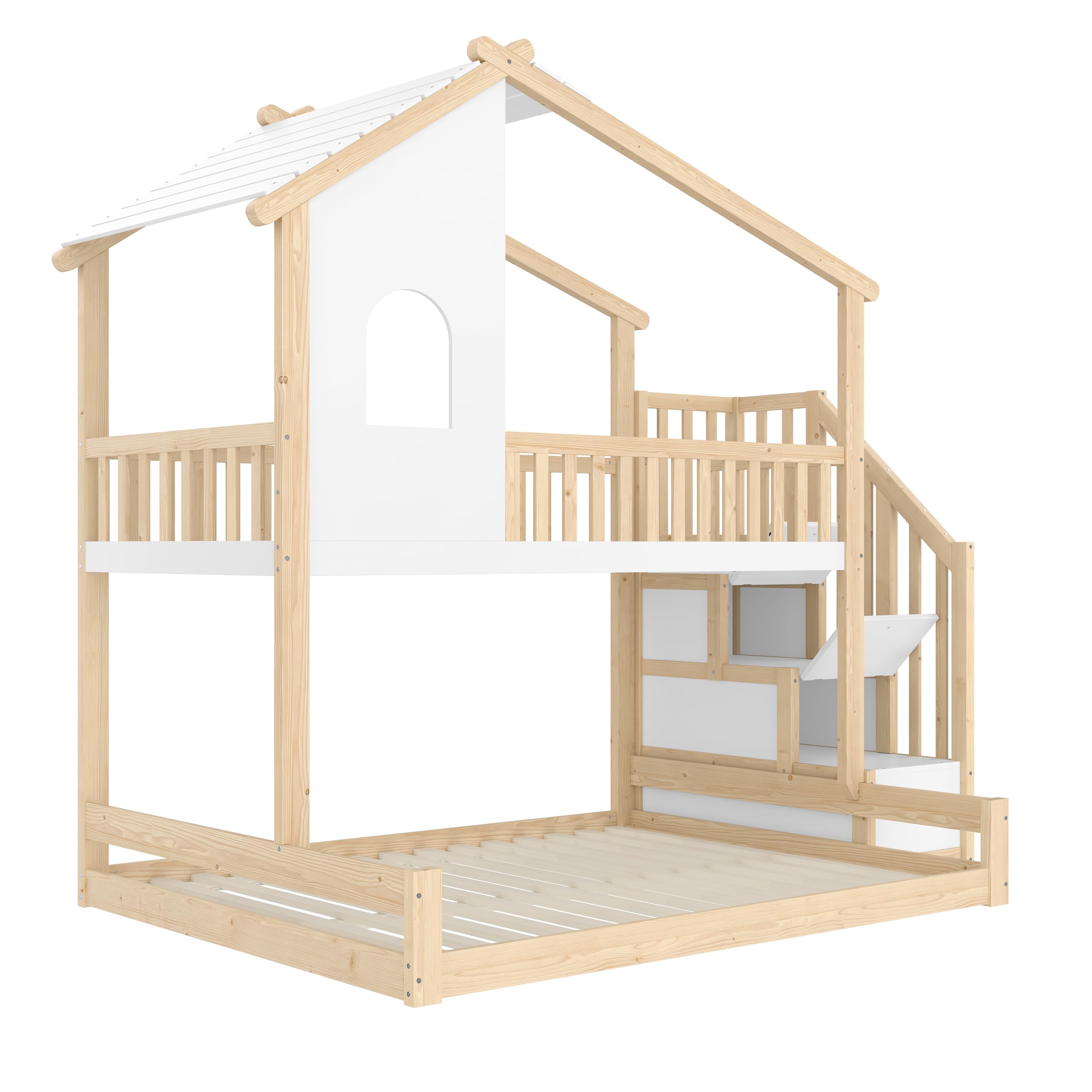 Litera de 90 x 200 y 140 x 200 cm, cama con forma de casa con protector de barandilla y somier, cama infantil con espacio de almacenamiento para 2 – 3 niños, marco de madera de pino+tablero