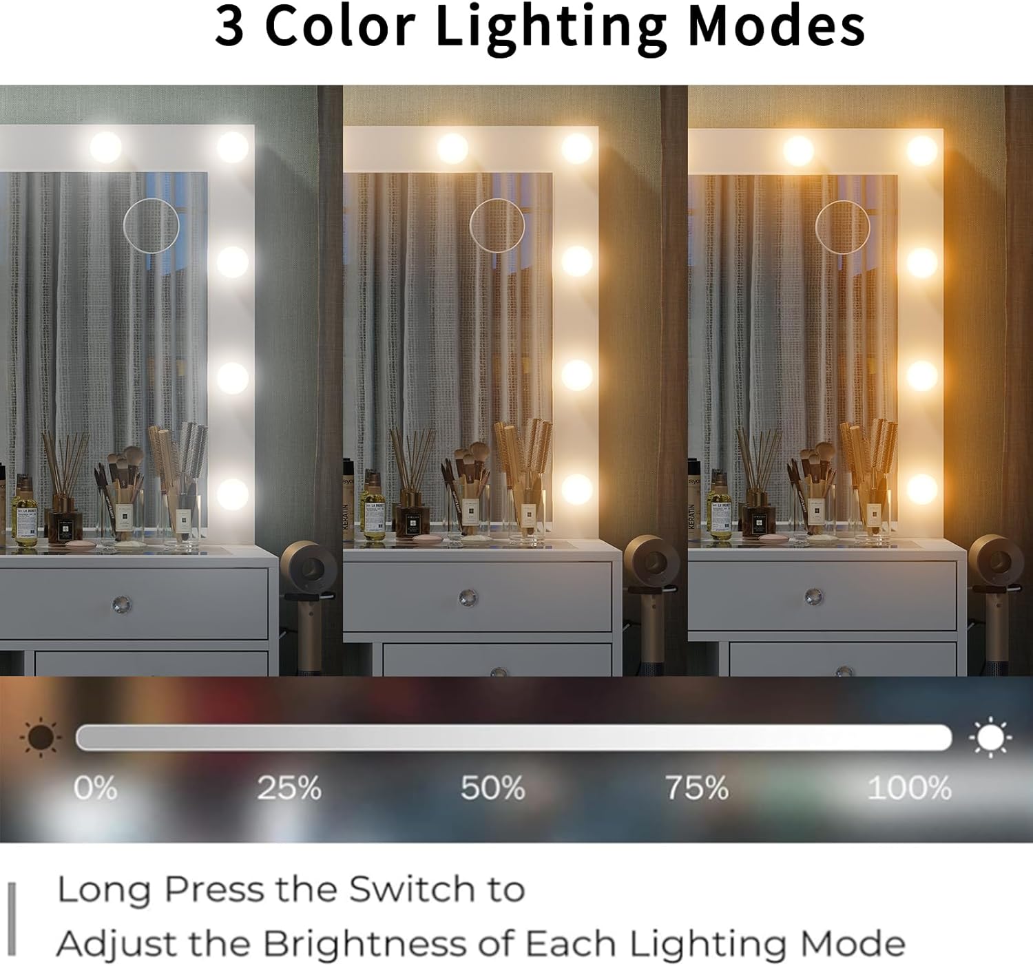 55" W Vanity Desk, Makeup Vanity with Charging Station, 15 Drawers with Lighted Mirror, 3 Lighting Modes, Brightness Adjustable, Glass Top, Vanity Table with Chair for Bedroom 15 Drawers White