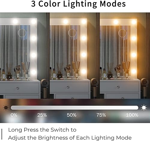 Miniatura 4 de Escritorio de tocador de 55 pulgadas de ancho, tocador de maquillaje con estación de carga, 15 cajones con espejo iluminado, 3 modos de iluminación,