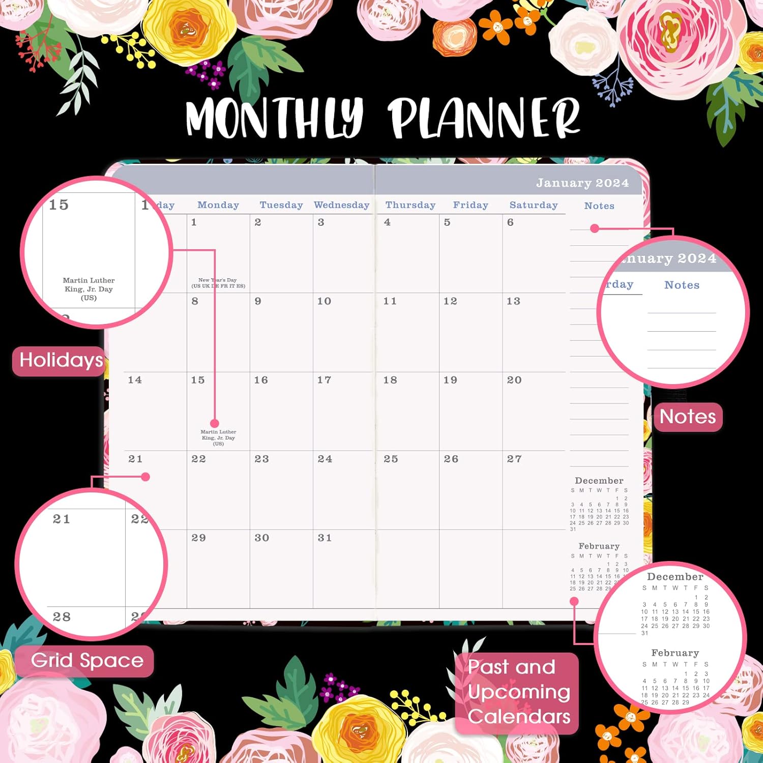 2022-2024 Pocket Planner/Calendar - 36 Months Monthly Pocket Planner from Jan. 2022 - Dec. 2024, 6.3''×3.8'', Agenda Planner, Organizer, Pen Loop, Pocket, Book Markers, Flora Hardcover, Thick Paper : Office Products