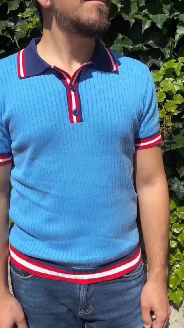 OXKNIT Polo para hombre de algodón azul con rayas retro de los años 1960 y manga corta miniatura 7