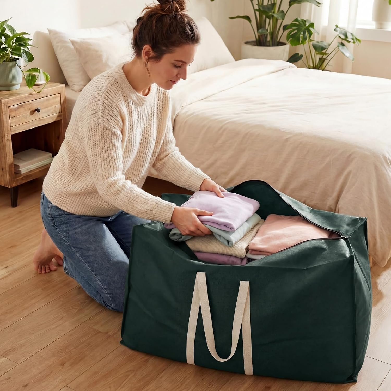 Sadnyy 12 Pack Extra Large Moving Bags Bulk with Carrying Handles & Zipper 32 Gal /120 L Reusable Waterproof Packing Bags Foldable Storage Organizer for Clothes, Bedding, Comforters(Green)