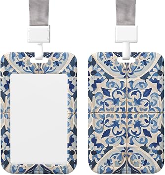 Badge Holder Thick Clear ID Card Holder Hard Plastic Name Tag Holders Blue Tile Pattern Badge Holders with Clip Work Badge Sleeve for Office Doctor Teacher Accessories