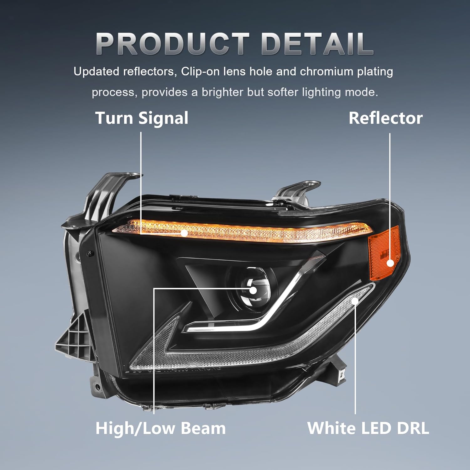 Full LED Projector Headlights Assembly Compatible for 2014-2021 Toyota Tundra w/White DRL Smoke Lens Amber Reflector Pair Front Headlamp