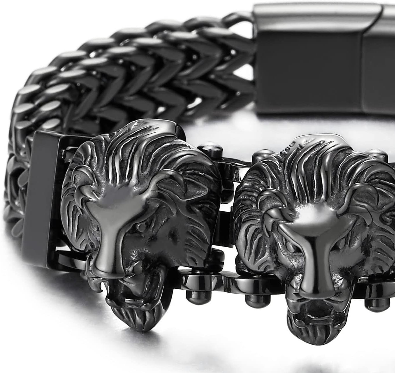 COOLSTEELANDBEYOND Steel Double Square Franco Link Bike Chain Three Lion Heads Bracelet, Magnetic Clasp image 3