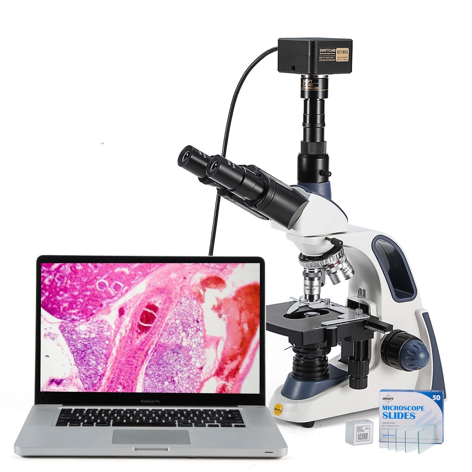 Swift Microscopio trinocular compuesto SW380T, aumento de 40X-2500X, cabeza Siedentopf, escenario mecánico de dos capas, con cámara Swiftcam de 25 megapíxeles y 100 diapositivas en blanco y cubiertas