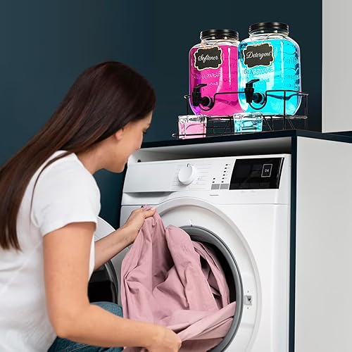 Miniatura 6 de 2 juegos de dispensador de detergente para ropa de 1 galón con soporte, taza medidora, contenedor de detergente de vidrio para lavandería para