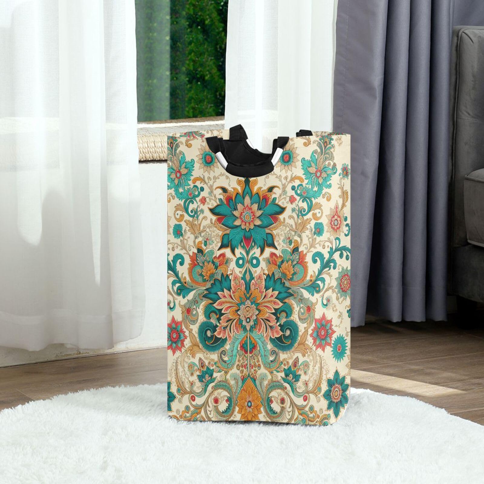 Jihqo Laundry Hamper Basket Indian Floral Collapsible Nursery Storage Bin Waterproof Clothing Baskets for Home Bedroom Bathroom Washing Room