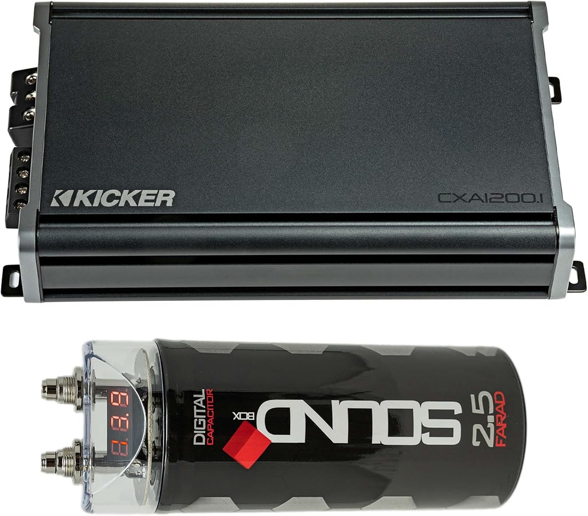 Kicker 46CXA12001 Mono Class D Subwoofer Amplifier (1200W) & SoundBox SCAP2D 2.5 Farad Digital Capacitor – High-Performance Bass System Upgrade, KickEQ Bass Boost, 24dB Subsonic Filter