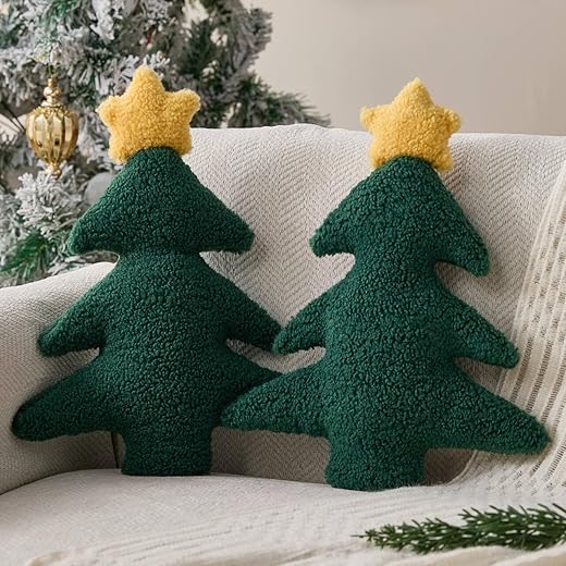 Allorry Christmas Pillows Set of 2 Green Pentagram Christmas Tree Shaped Soft Plush Christmas Decor Pillow for Party Xmas Winter Holiday Home Sofa Cushion Cases WL-006H