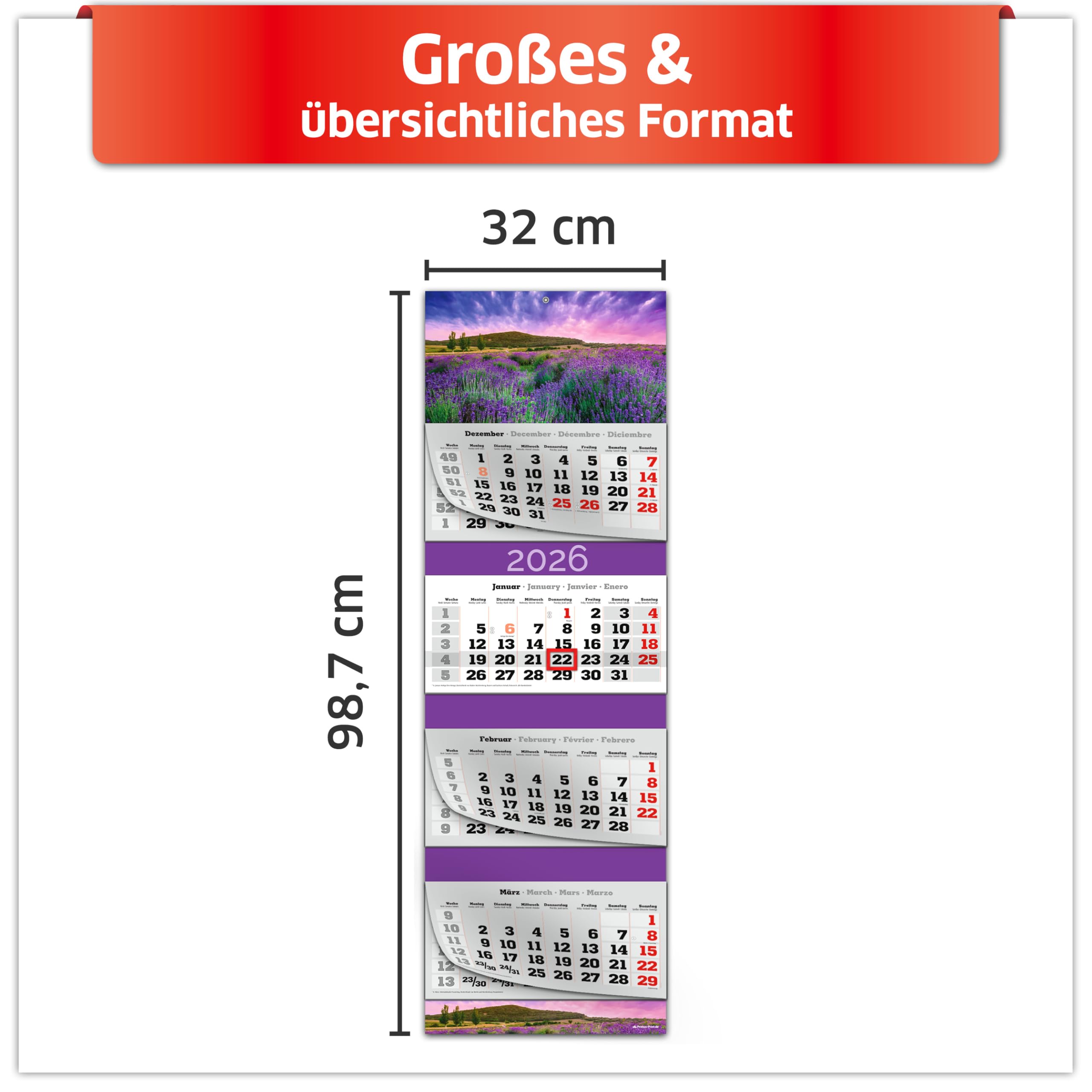 PRIMUS PRINT Calendario XXL 2026 – Calendario de pared – Calendario de pared de 4 meses – con fecha deslizante, calendario para colgar, incluye días festivos y vacaciones, varios diseños – [1 lavanda]