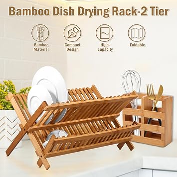 Dish Drying Rack,2 Tier Collapsible Dish Rack,Bamboo Drainer Dish Drying Rack,Bowl and Dish Storage Rack with Utensil Holder, Multifunctional Kitchen Organizers and Storage Rack
