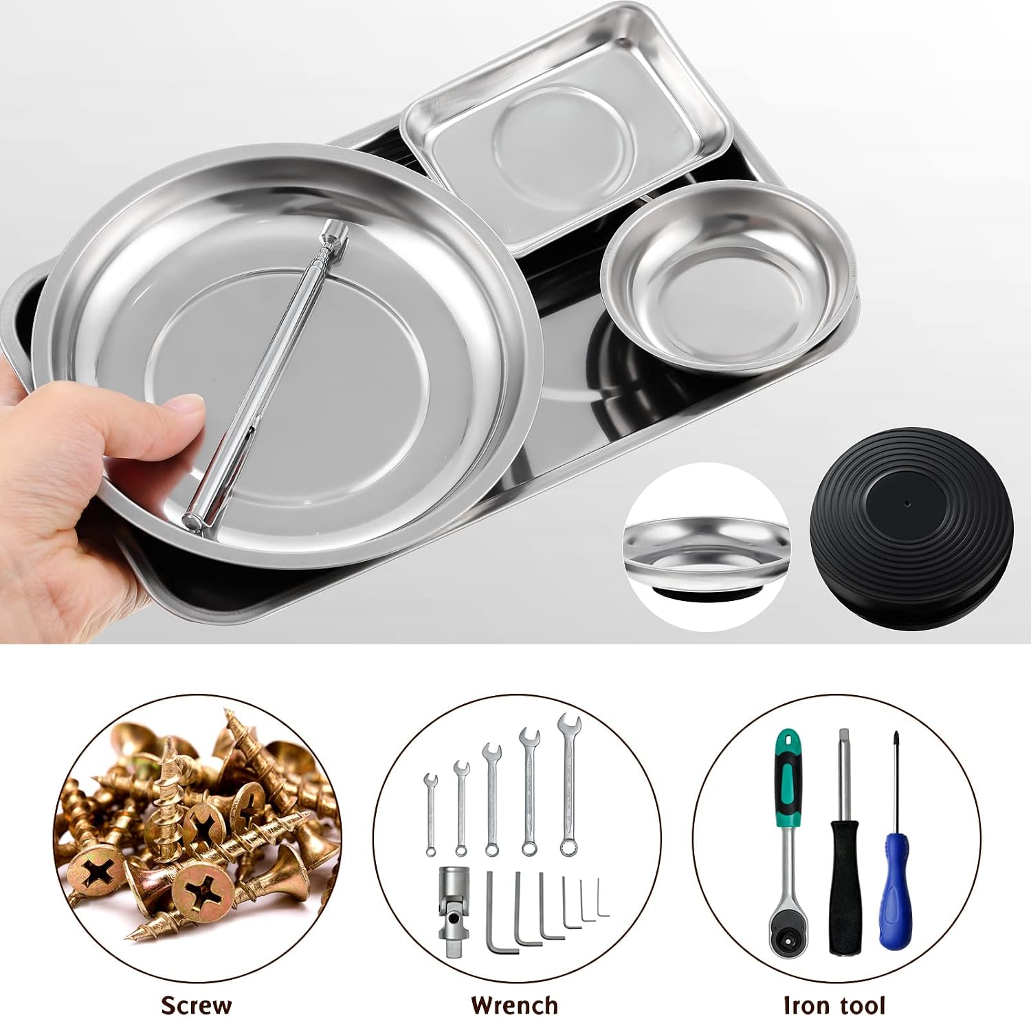 Geiserailie 4 pcs Magnetic Tray with Magnetic Pin Screw Bolt Holder Round Magnet Parts Bowl Stainless Steel Pickup Tool Tray for Mechanic's