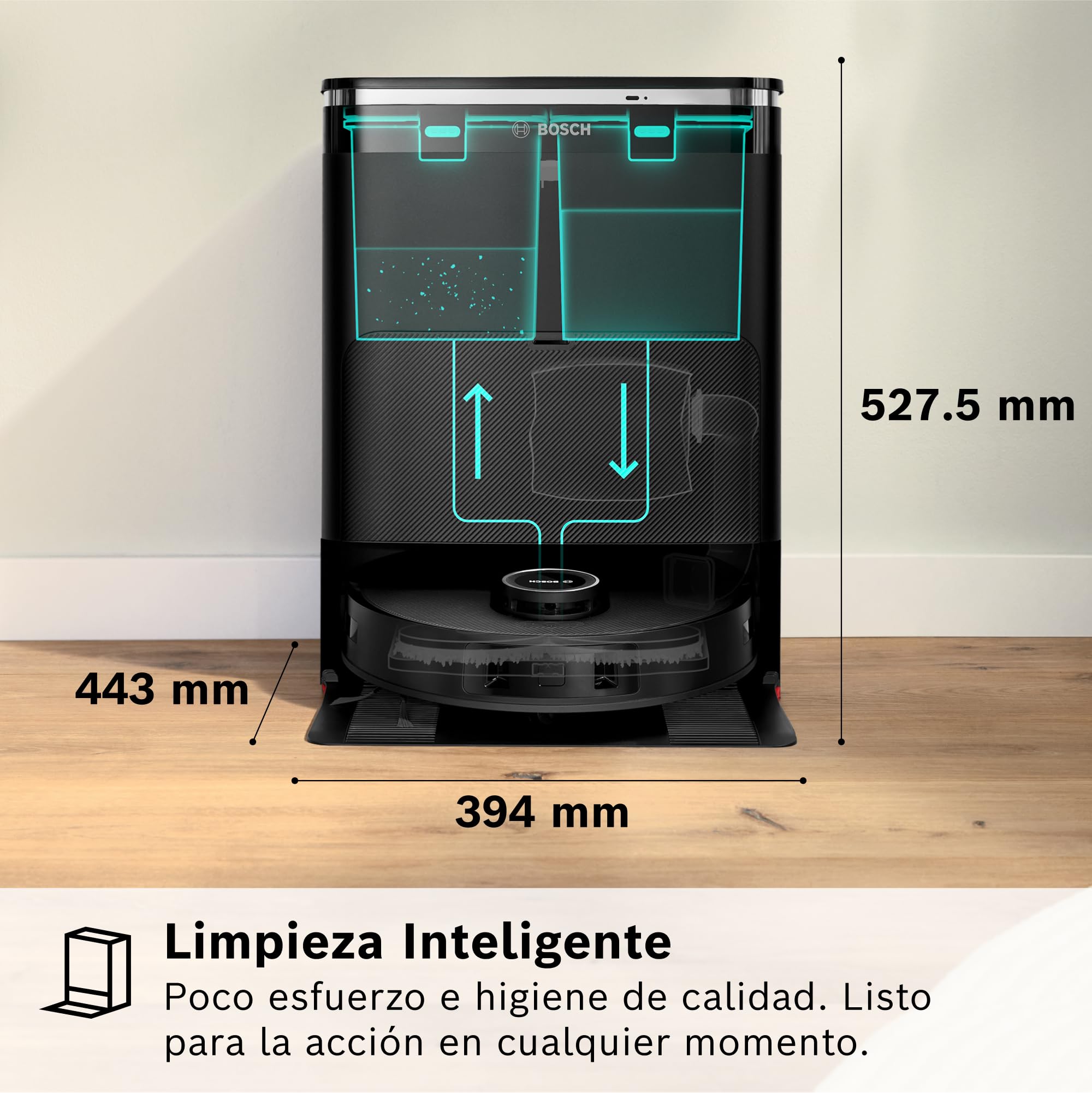 Bosch - Robot Aspirador Spotless MAX, aspira y friega, Potencia 11.000 Pa, Almohadillas giratorias, estación Seca-húmeda, Visión Inteligente luz estructurada, Bosch Home Connect App, Negro, BCRDW3B