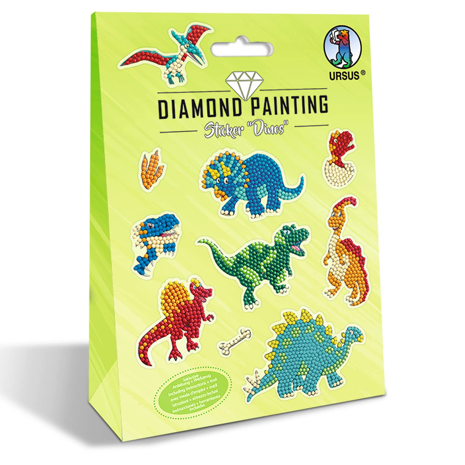 Ursus 43500009 Diamond Painting Sticker Dinos, Set of 2 Sticker Sheets in Different Designs, Diamond Stones, Picker, Wax and Bowl, Includes Instructions (English Language not Guaranteed)