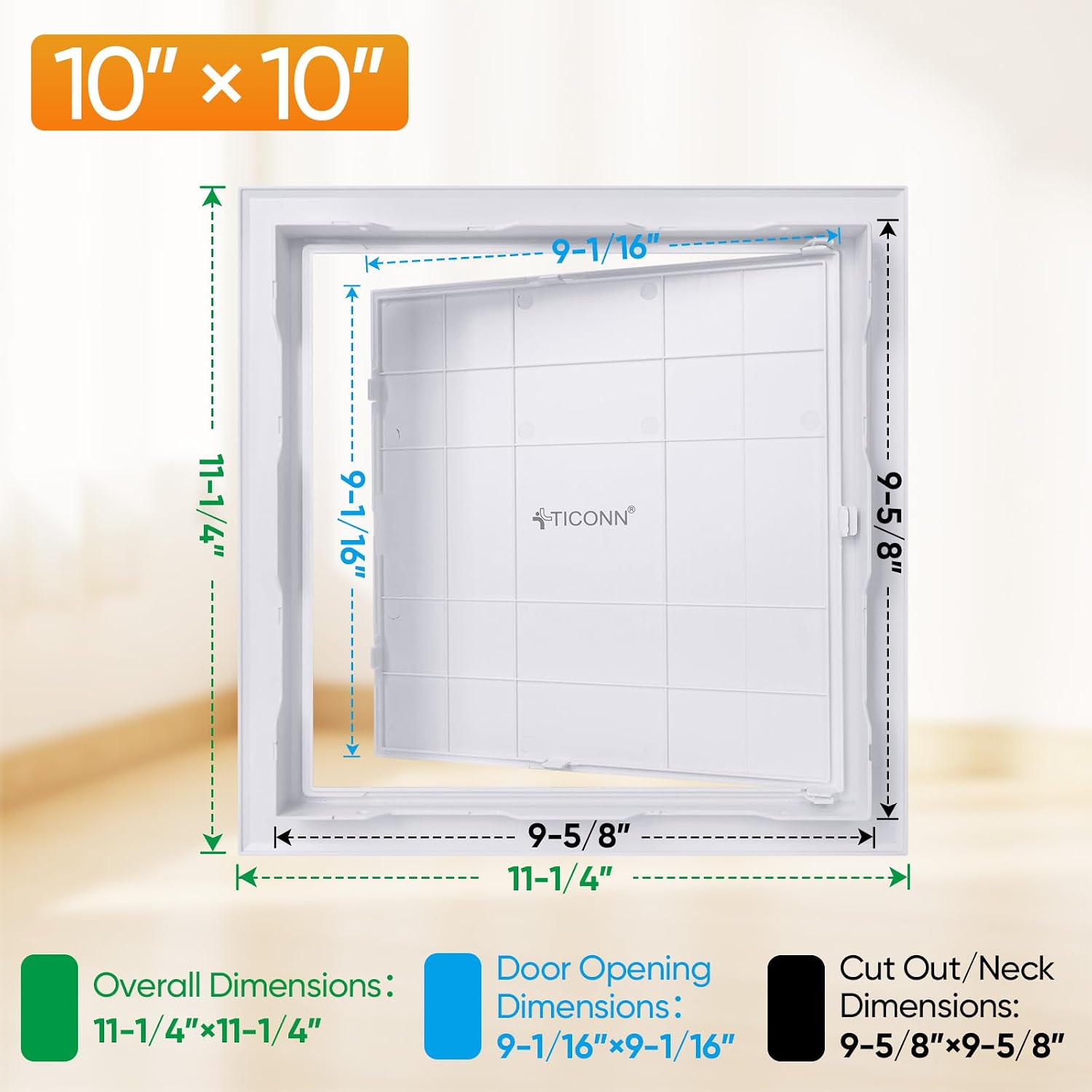 TICONN Access Panel for Drywall, 10 x 10 Inch ABS Plastic Wall Hole Cover Access Doors, Easy Install Drywall Access Panel, Ceiling, Wiring and Cables (2PK)