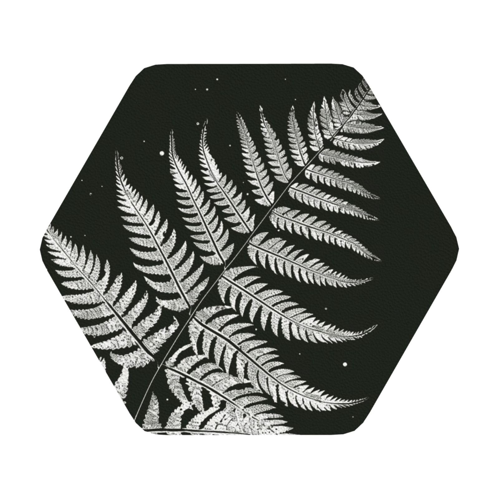 natural plant silhouette fern leaf Print Leather Coaster Set of 6, Hexagon Coasters Table Decorative Coffee Cup Beverage Coasters Wine Beer Bar Coasters for Hot Drinks Table Protection