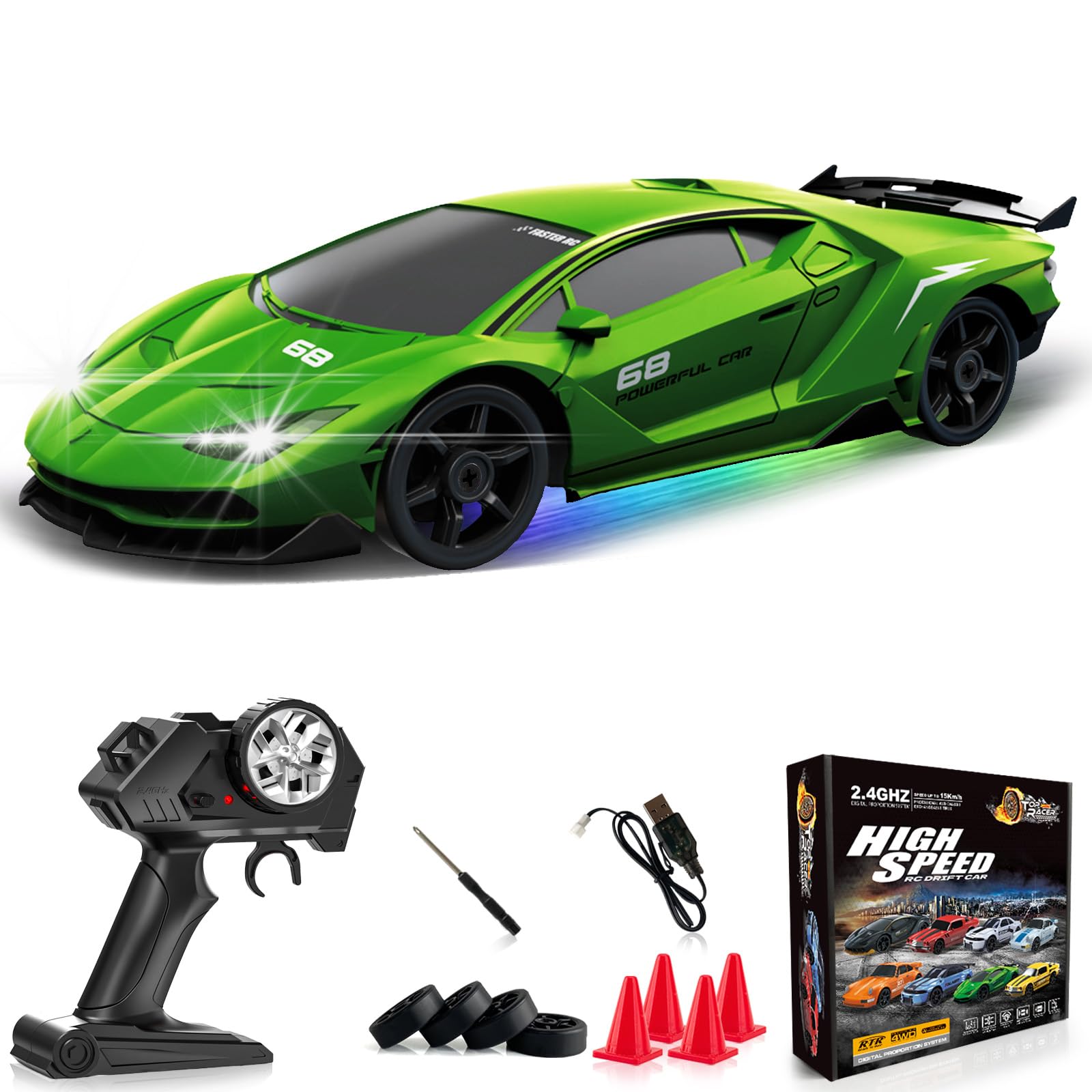 Remote Control Car RC Drift Car 2.4GHz 1:24 4WD 15KM/H High Speed Racing Sport Car with LED Lights Drifting Tire Racing Sport Toy for Adults Boys Girls Kids Gift